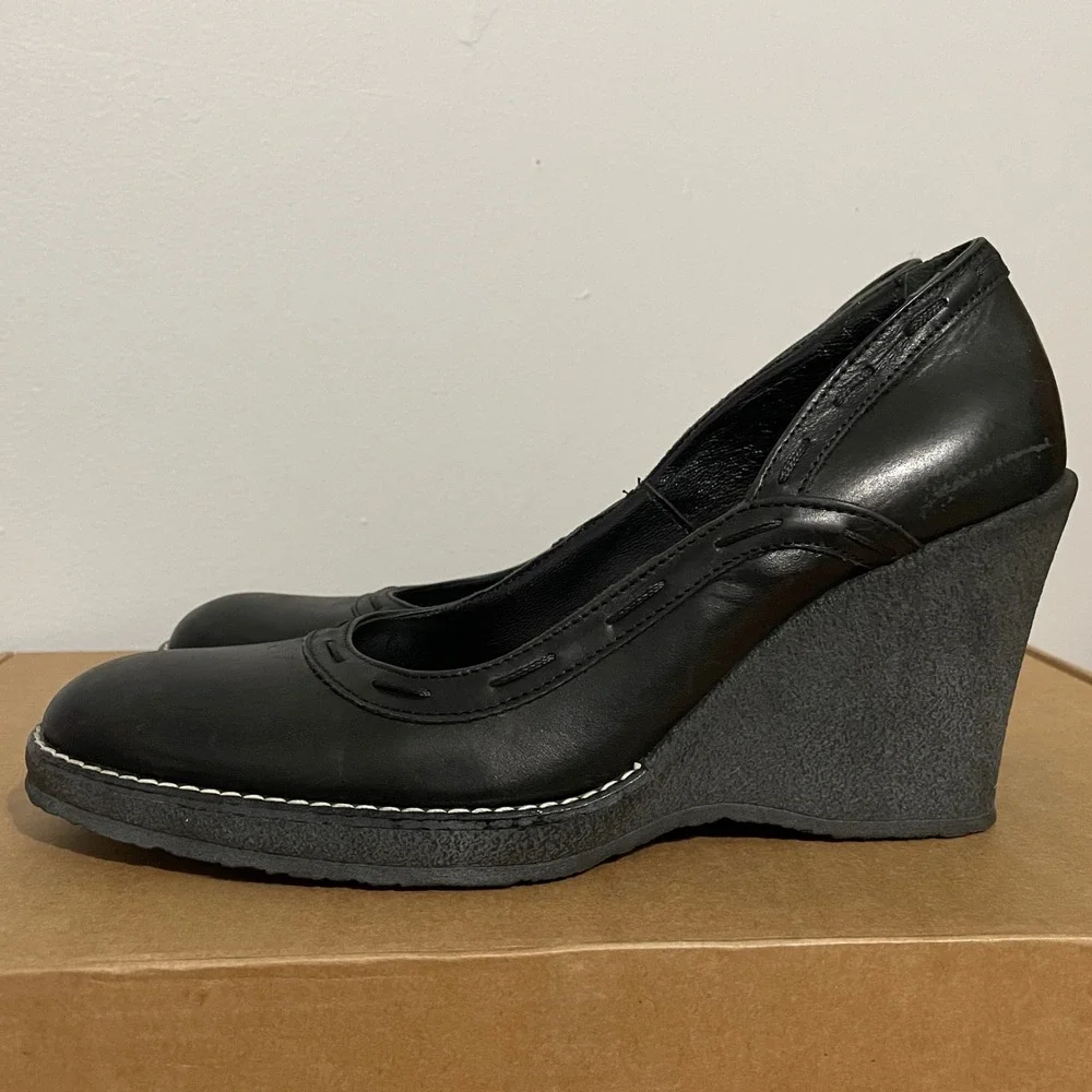 Pierluigi Fantoni‎ Womens Black Leather Slip-On Wedge Pump Heels Size 38